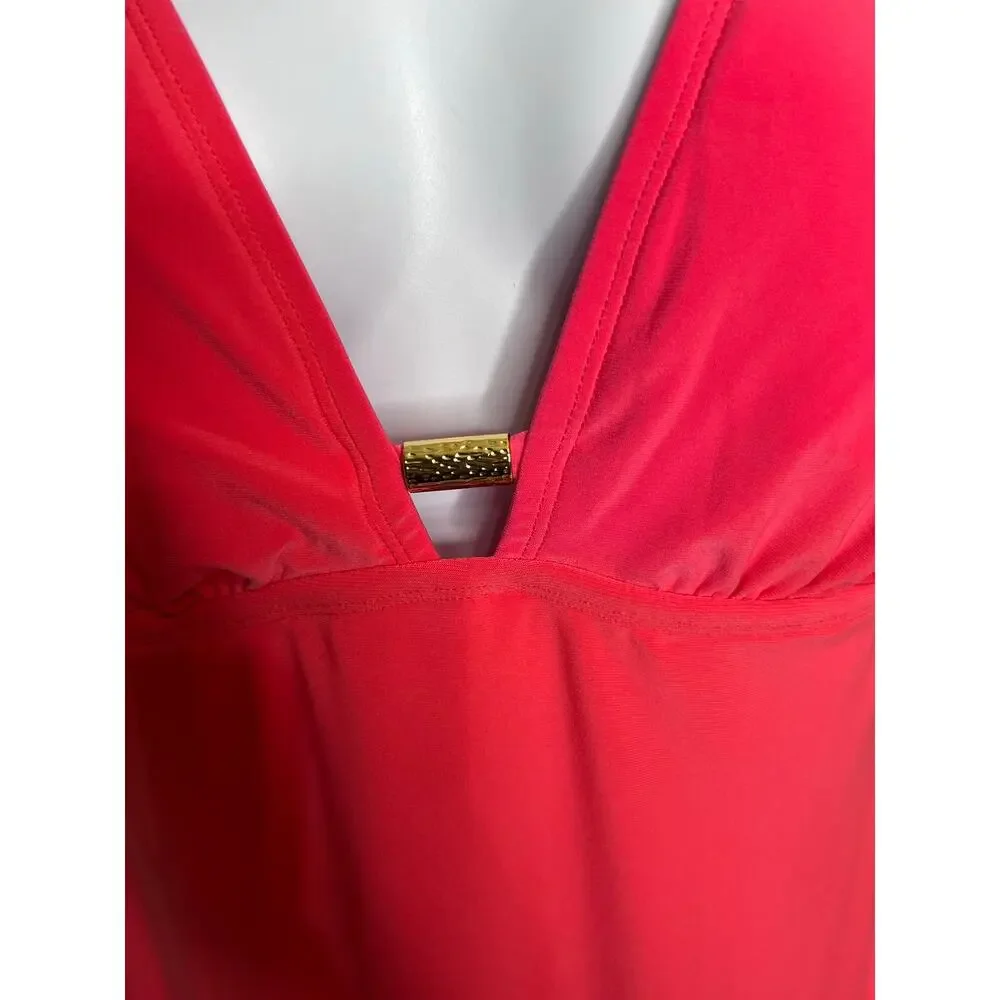 Halter Coral Swim Dress with Plunge Neck and Side Tie